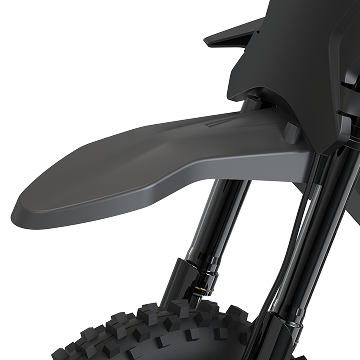 Electric dirt bike front suspension close-up