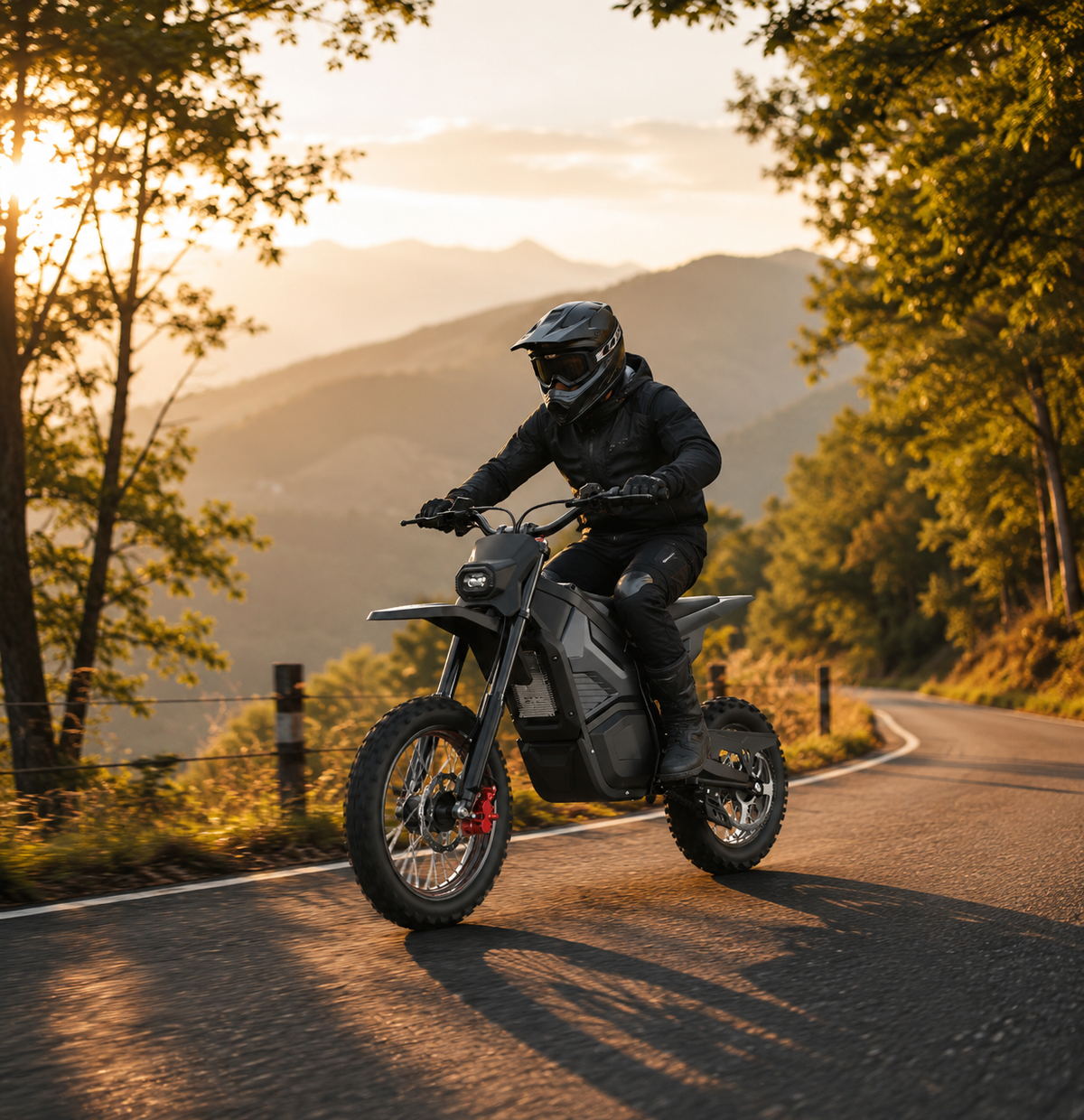 Electric mini dirt bike forest trail riding
