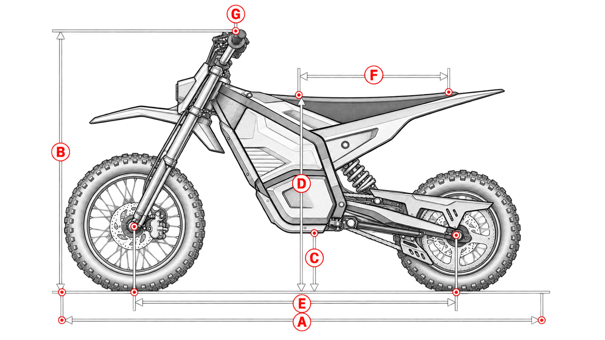 Electric mini dirt bike geometry side view