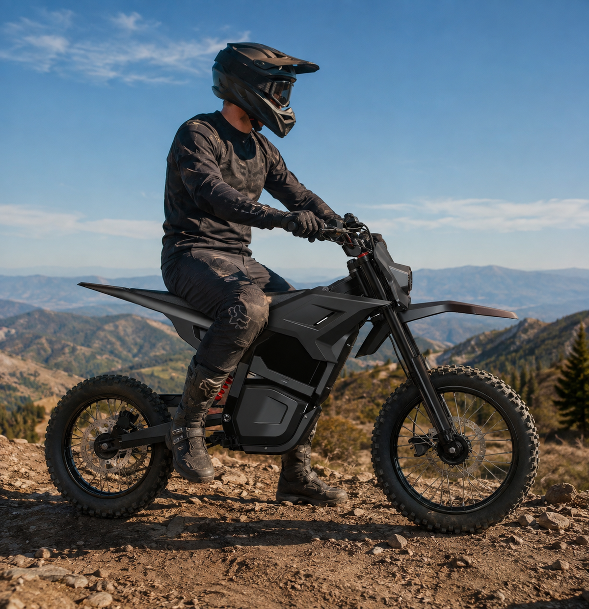 Electric mini dirt bike forest trail riding