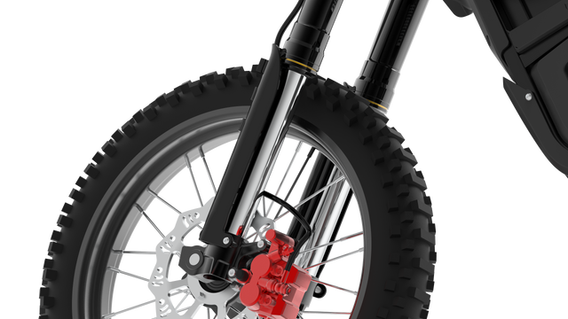 Electric dirt bike front suspension close-up